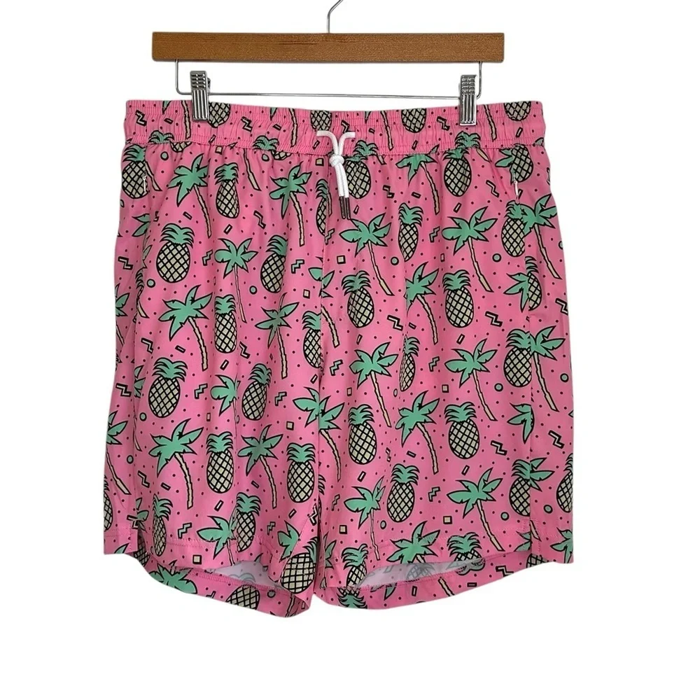 Maamgic Mens Pineapple Graphic Swim Trunks Size XL Pink Yellow Lined Zip Pocket